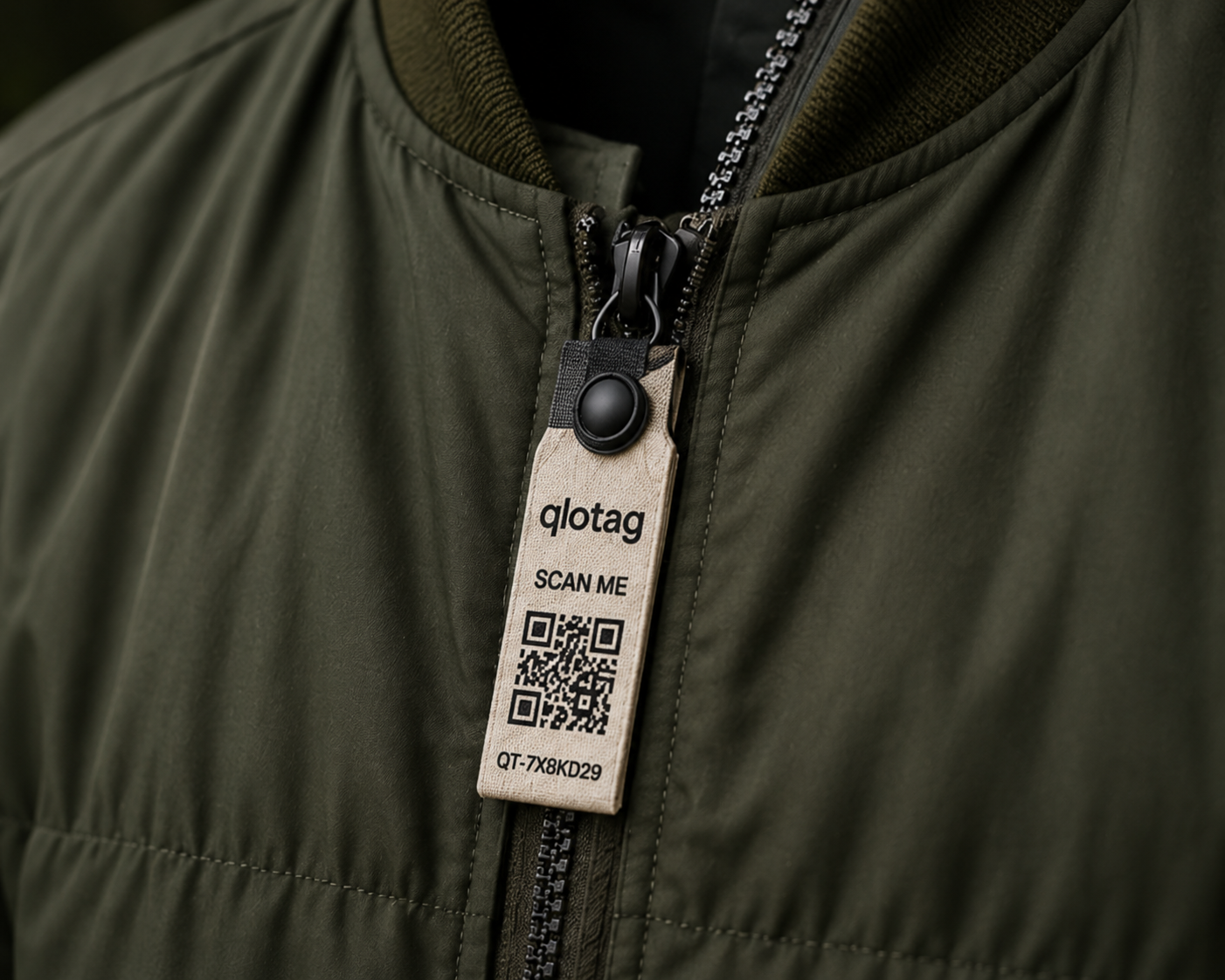 A qlotag tag snapped to the zipper pull of an olive jacket