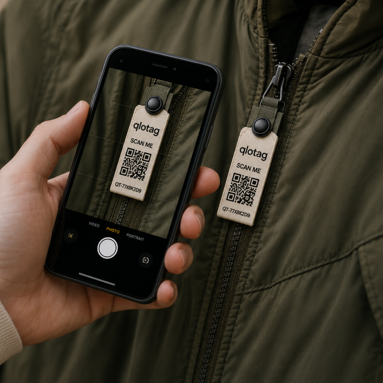 A phone camera scanning the QR code on a qlotag tag attached to a jacket zipper