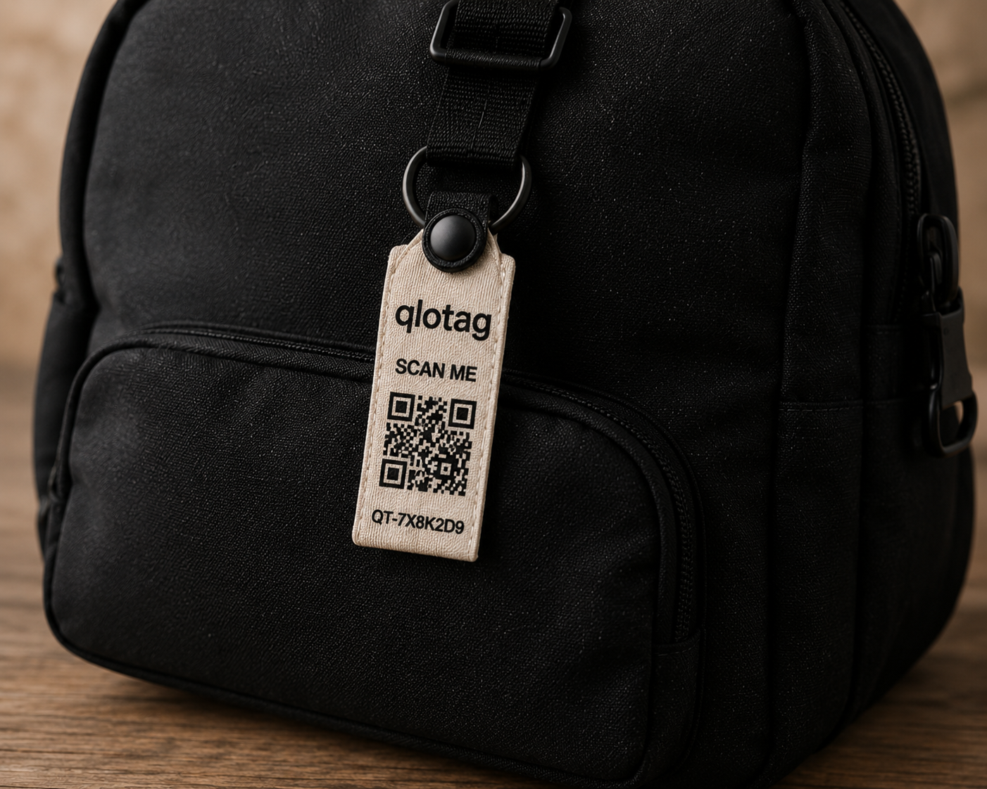 A qlotag tag clipped to the strap ring of a black canvas bag