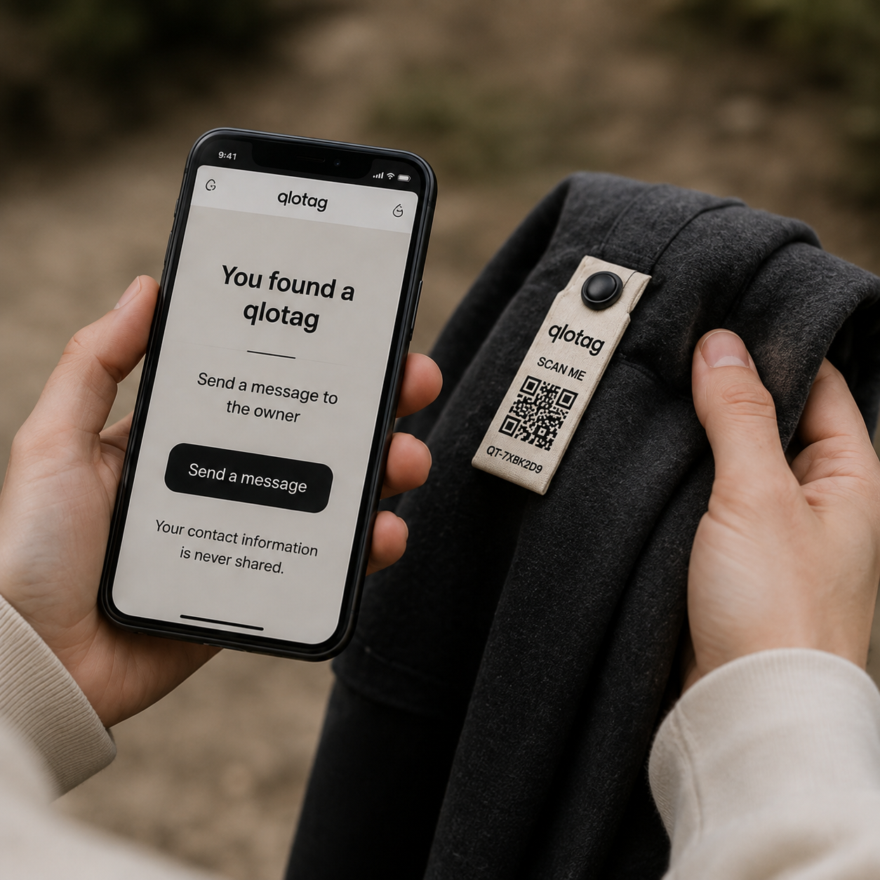 A phone showing the qlotag found-item page next to a tagged folded jacket