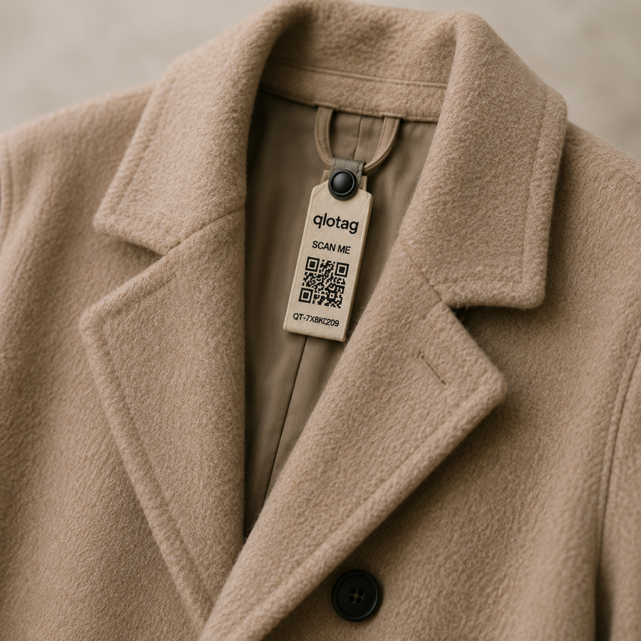 A qlotag tag attached to the collar loop of a camel wool coat